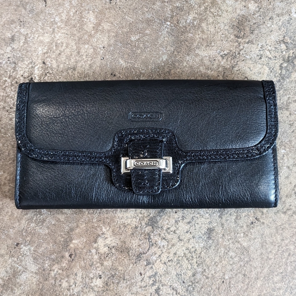 Coach Black Leather Continental Wallet with Silver Hardware